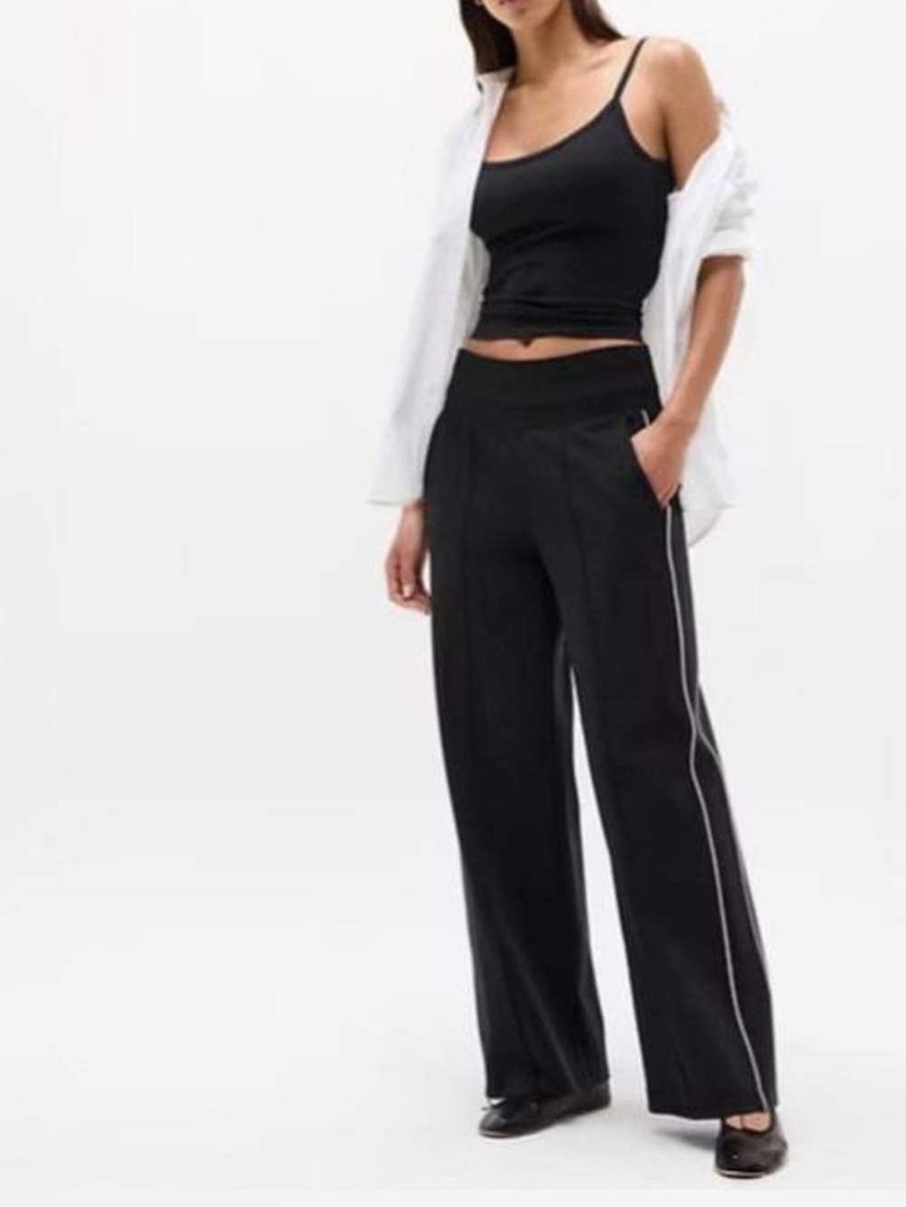 ATHLETA Medium Wide-Leg Black Track Pants with Side Stripe